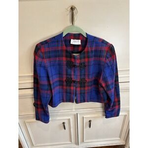 Vintage Talbots Petites Size 10 Cropped Plaid Red Blue‎ Blazer Ornate Button